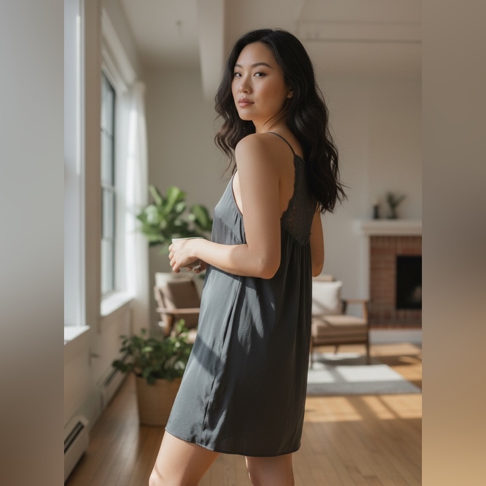 YAYA Boutique Lace Back Slate Grey Column Cami Slip Mini Dress